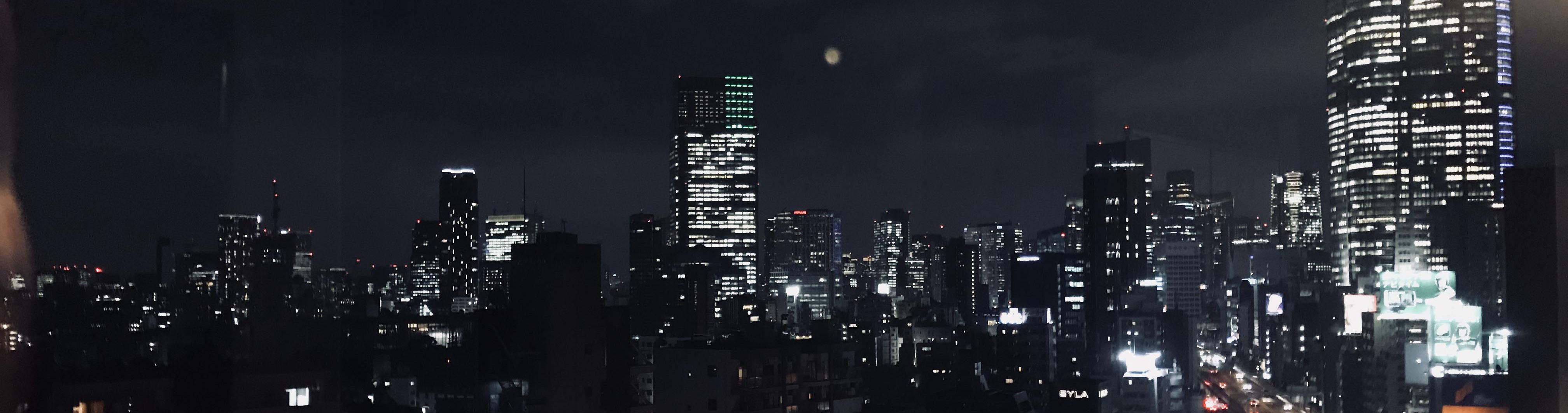 A city lit up at night.