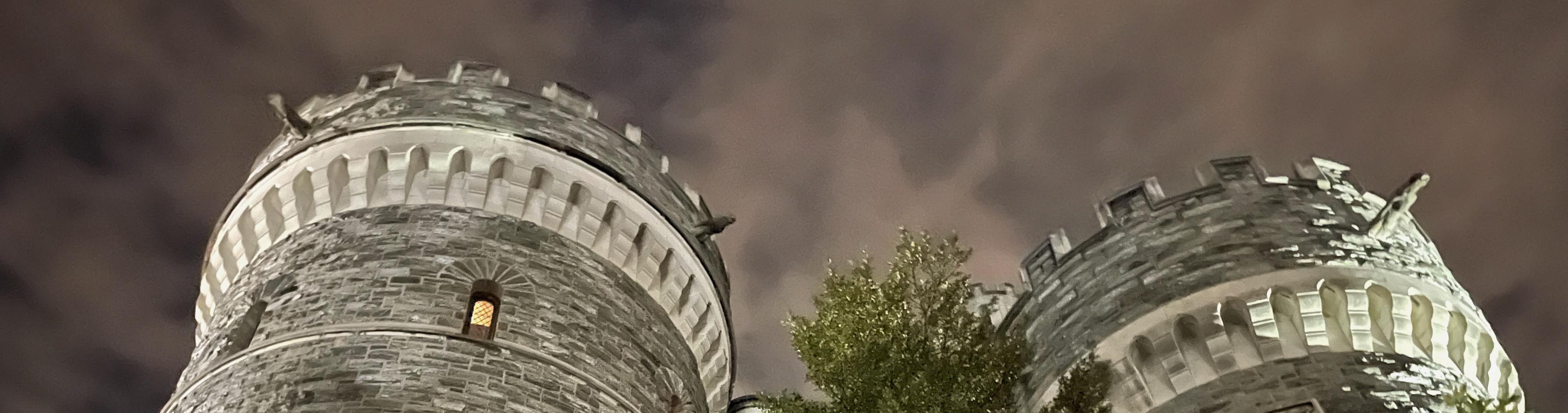 The top of the Castle Towers at night for Halloween.