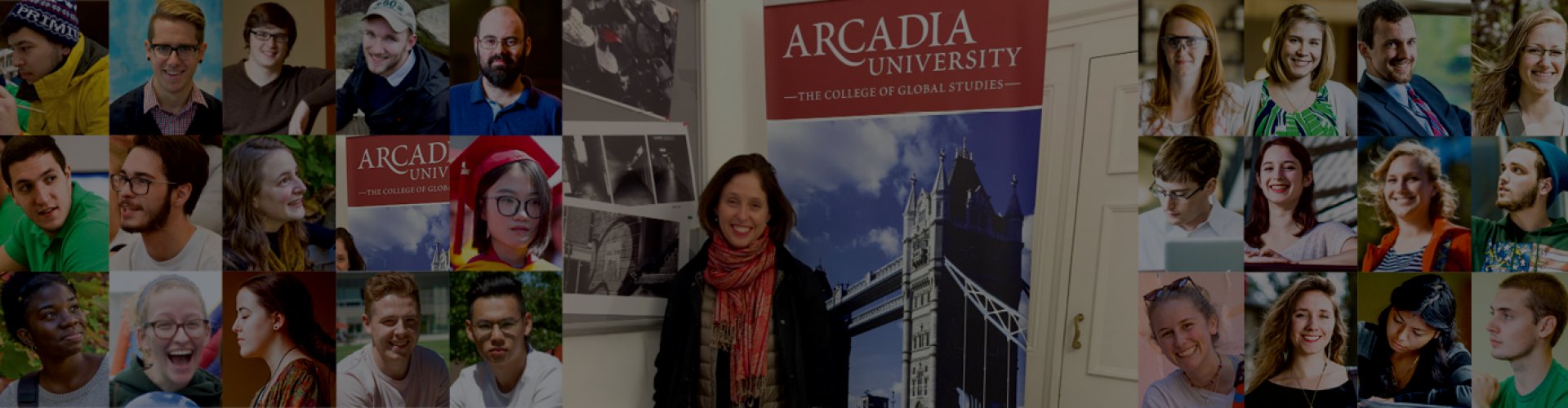 Louise Burns in front of a banner for Arcadia's College of Global Studies.