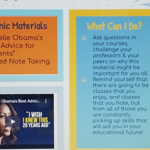 A Zoom call with posters to the side that read "Resources from Arcadia, Academic Materials," and. "What Can I Do?"