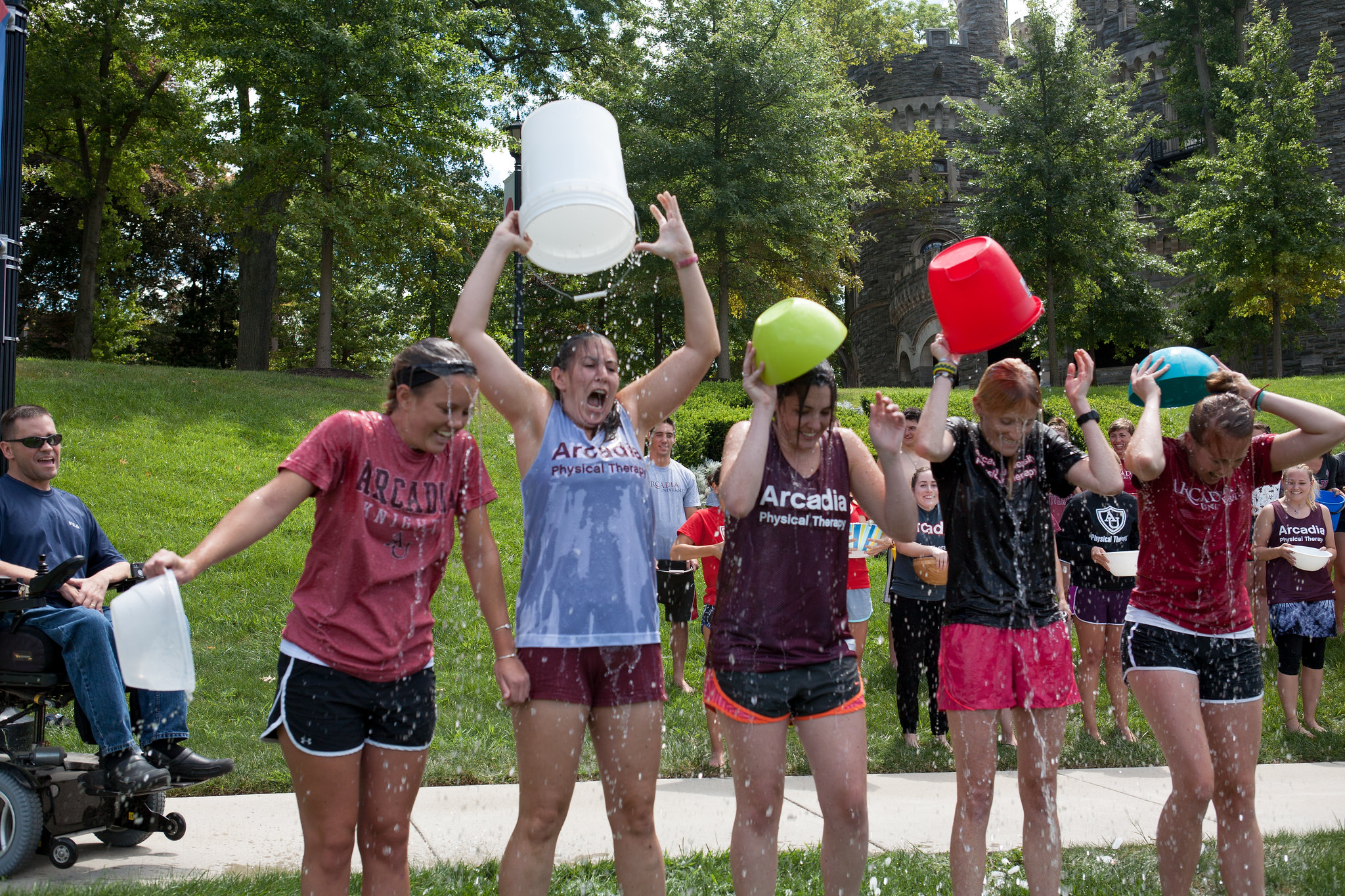 Doctor of Physical Therapy students pour buckets of ice water over their heads as part of the ALS Ice Bucket Challenge in 2015.