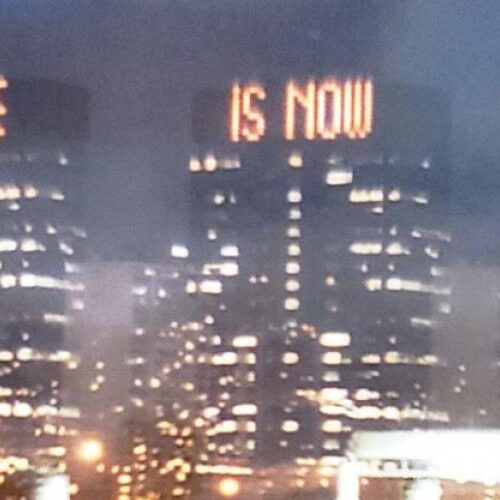 5 buildings use digital signs to announce "Beaver College Is Now Arcadia University"