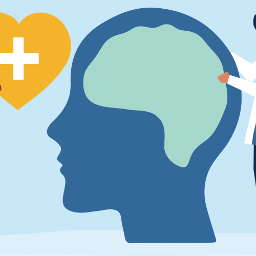 A graphic that shows a cartoonized human brain and two doctors or nurses in white coats