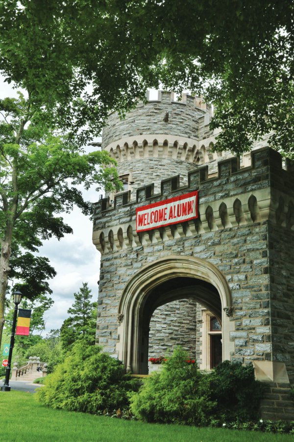 Greys Tower Castle Archway with Welcome Alumni Sign hanging