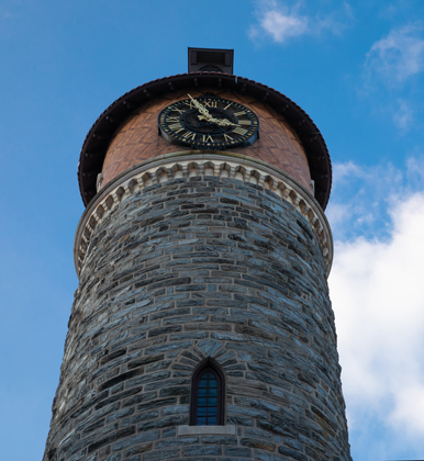 A view of the tower at Murphy Hall from the ground.
