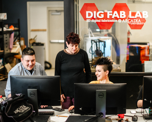 Students work on computers in the Dig Fab Lab.