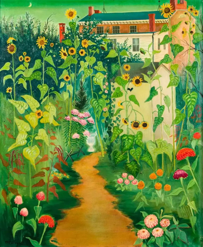 Oil painting of a thin dirt path that leads to a house. Colorful and diverse flowers follow the path.