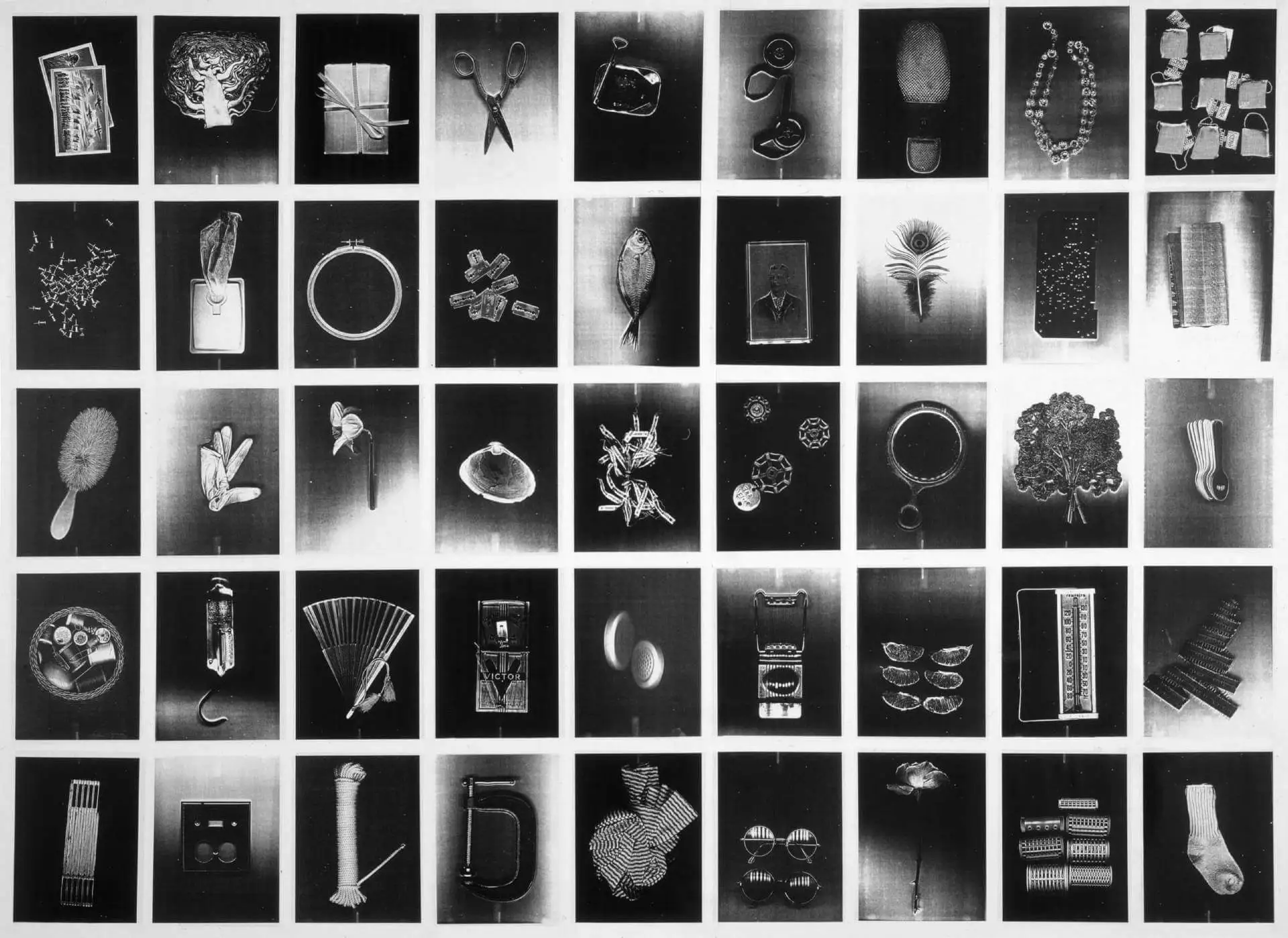 Patti Hill's artwork. Black and white scans of a variety of household objects.