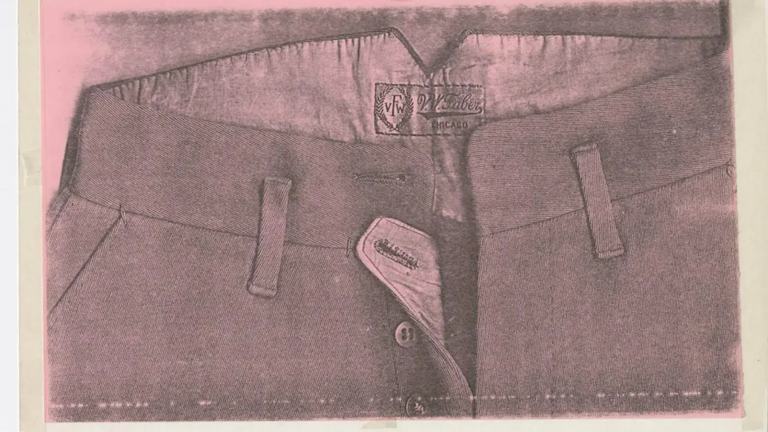 Black print of the top of a pair of pants on pink paper by Pati Hill
