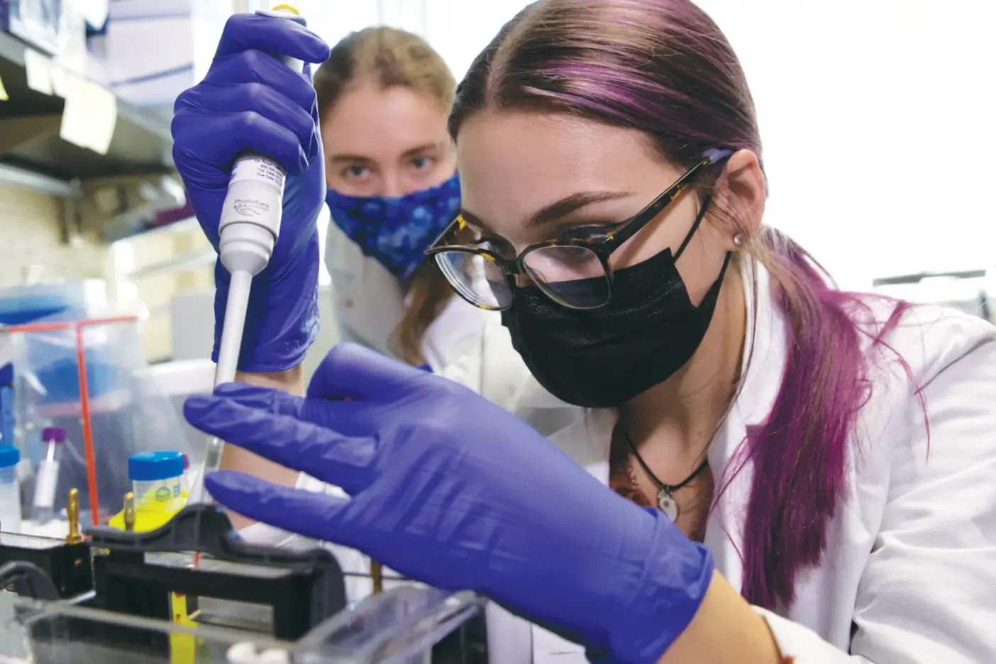 Katelin Decker loads total protein from breast cancer cells on a polyacrylamide gel for analysis while Michelle Frank observes in the background.