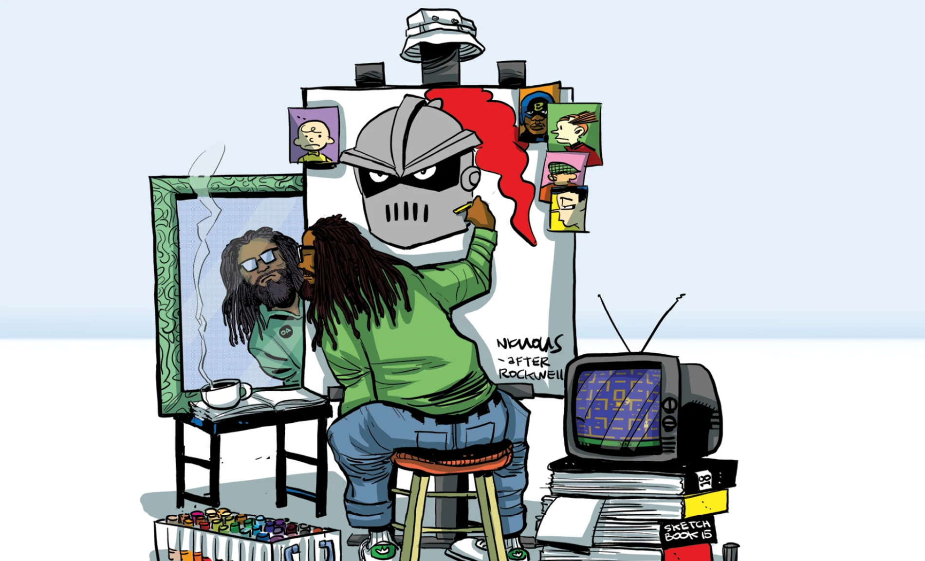 Illustration by Jamar Nicholas of and artist drawing the Arcadia Knight on a canvas while looking in the mirror.