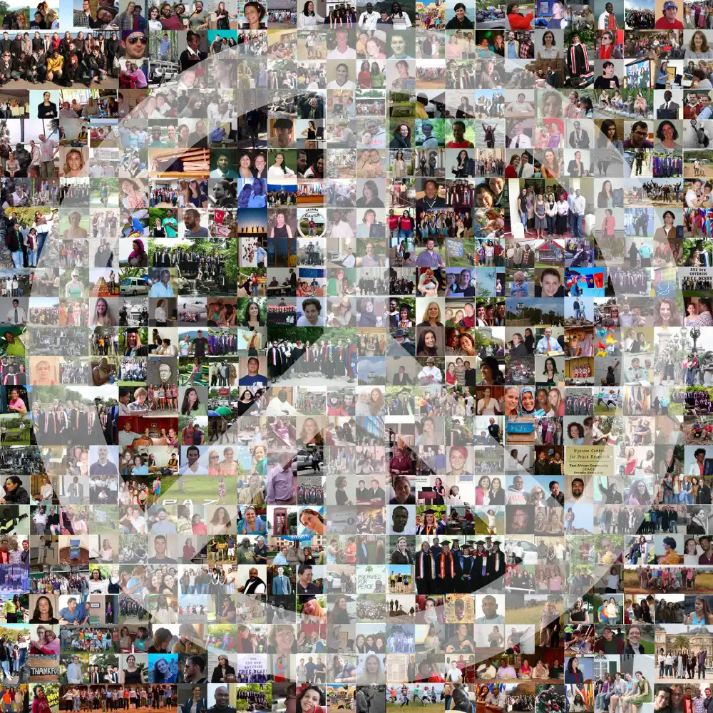 A collage of images IPCR students and alumni while a peace sign overlay.