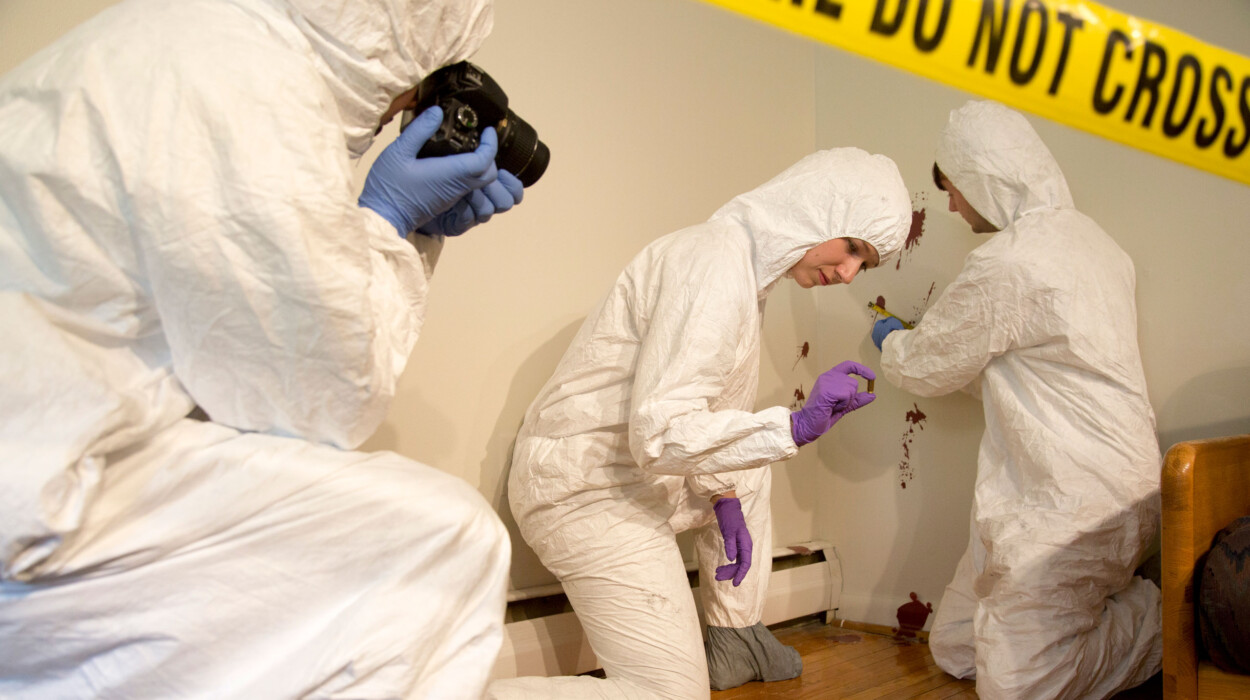 Students investigate a crime scene.