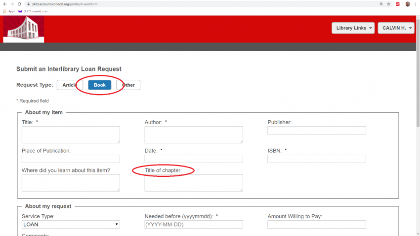 A screen shot of how to use Interlibrary Loan (ILL) to request a known chapter from a book.