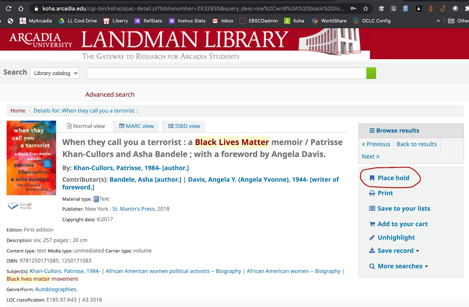 Screenshot of how to place hold for a library book, from the sidebar at the right side of the screen.