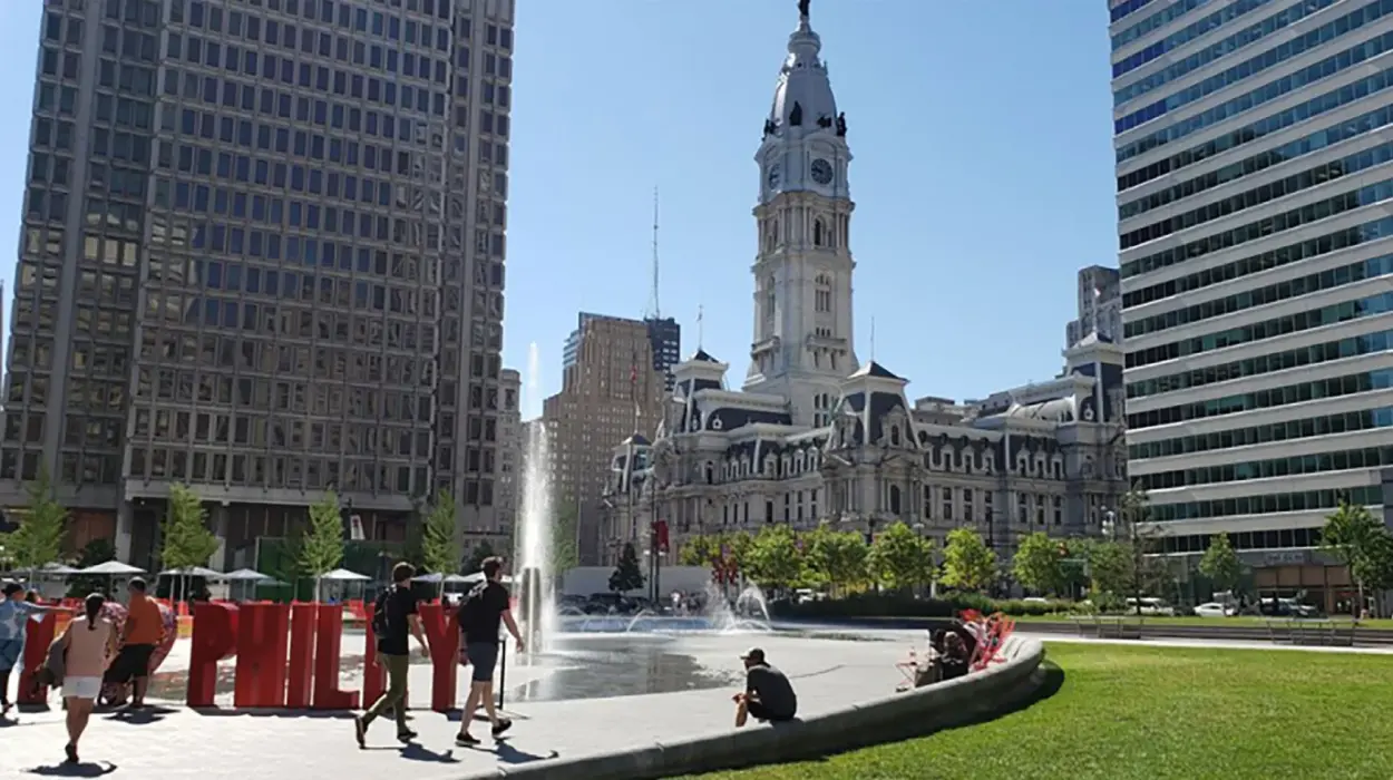 Students visit Philadelphia's Center City with its mix of modern and historical buildings.