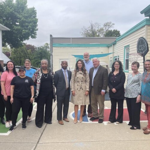 Outdoor group portrait of Dr. Priscilla Jeter-Iles (Director, Field Experiences and Outreach); Maria Cabrera ’22 and Briana Anastasia ’21, from the apprenticeship program; Amy Gavaghan, program director of Dumpling Grounds; Maisha Jackson, from Sen. Haywood's office; PA State Representative Napoleon Nelson; PA Dept. of Labor Sec. Jennifer Berrier; Dr. John Noakes (Interim Dean of the School of Ed.); PA State Representative Michael Driscoll; Dr. Jodi Bornstein (Associate Professor of Ed.); Dr. Kathy Trainor (Coordinator of Early Childhood Education Fieldwork and Adjunct Professor of Education); and Dr. Foram Bhukhanwala (Associate professor / Program Director, School of Ed.)