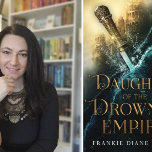 Frankie Mallis in portrait with cover image of her book, Daughter of the Drowned Empire