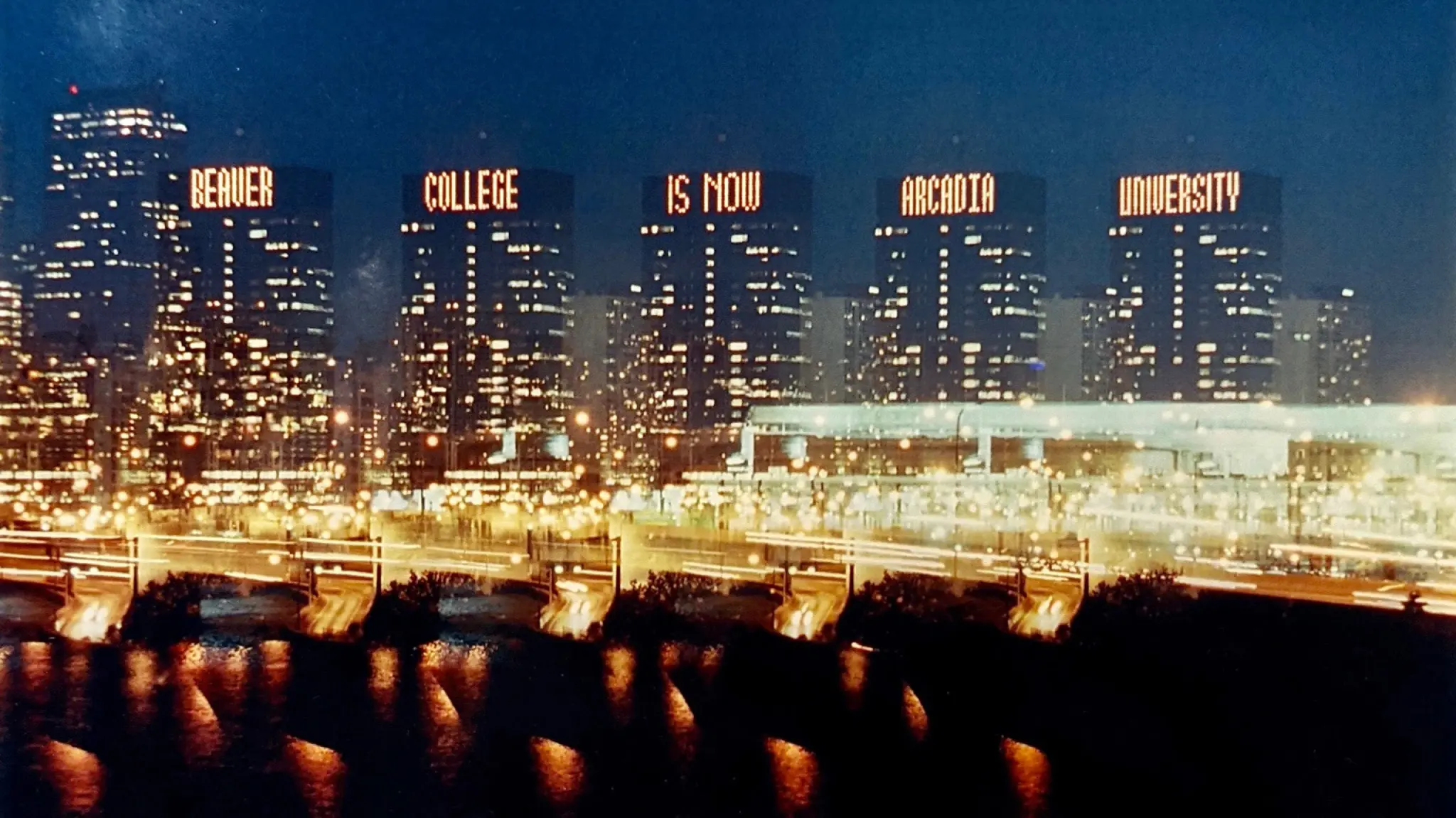 The Philadelphia skyline lights up with skyscrapers celebrating Arcadia's new name.