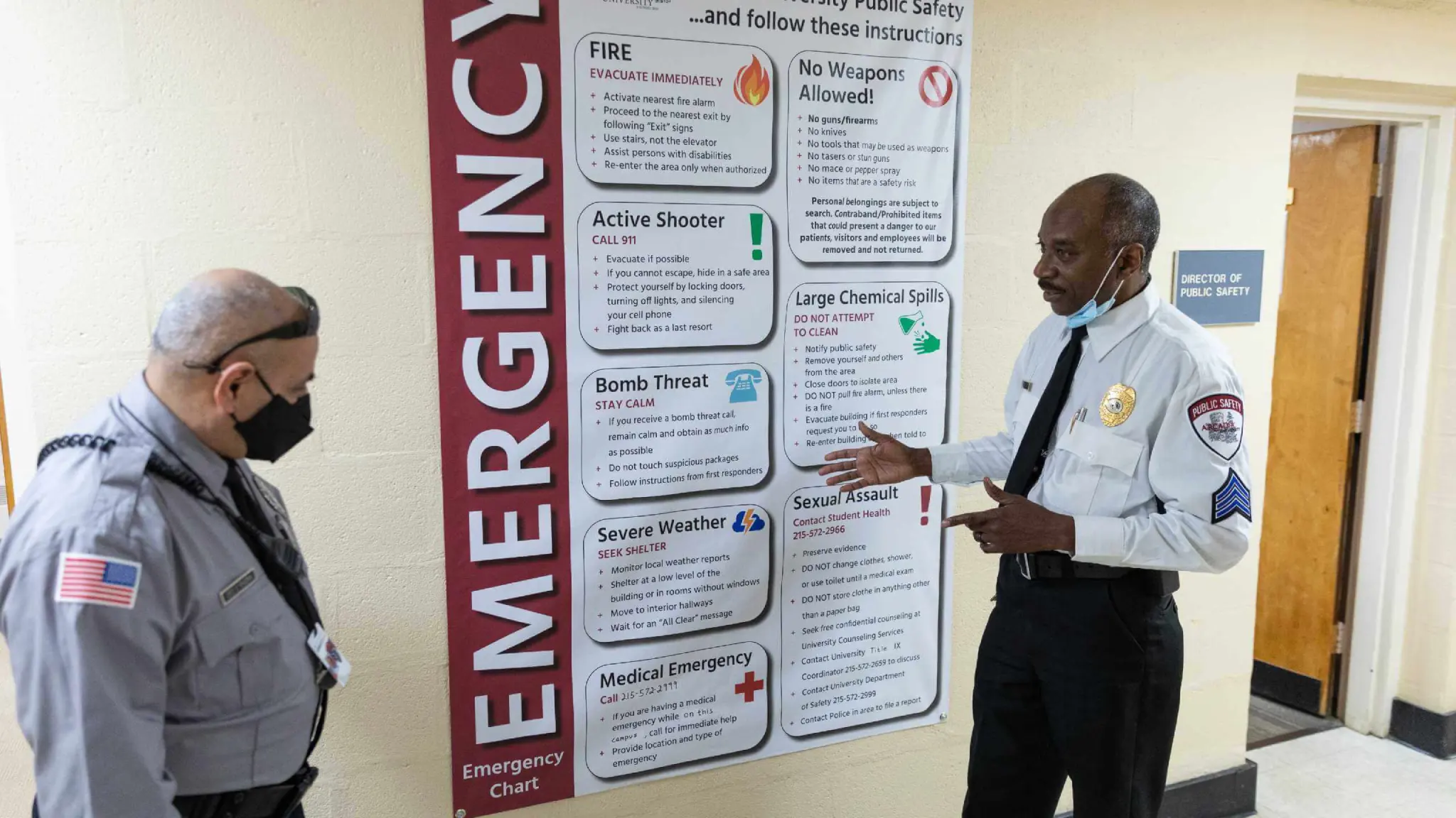 Arcadia Patrol officers stand next to an Emergency infographic during a training session
