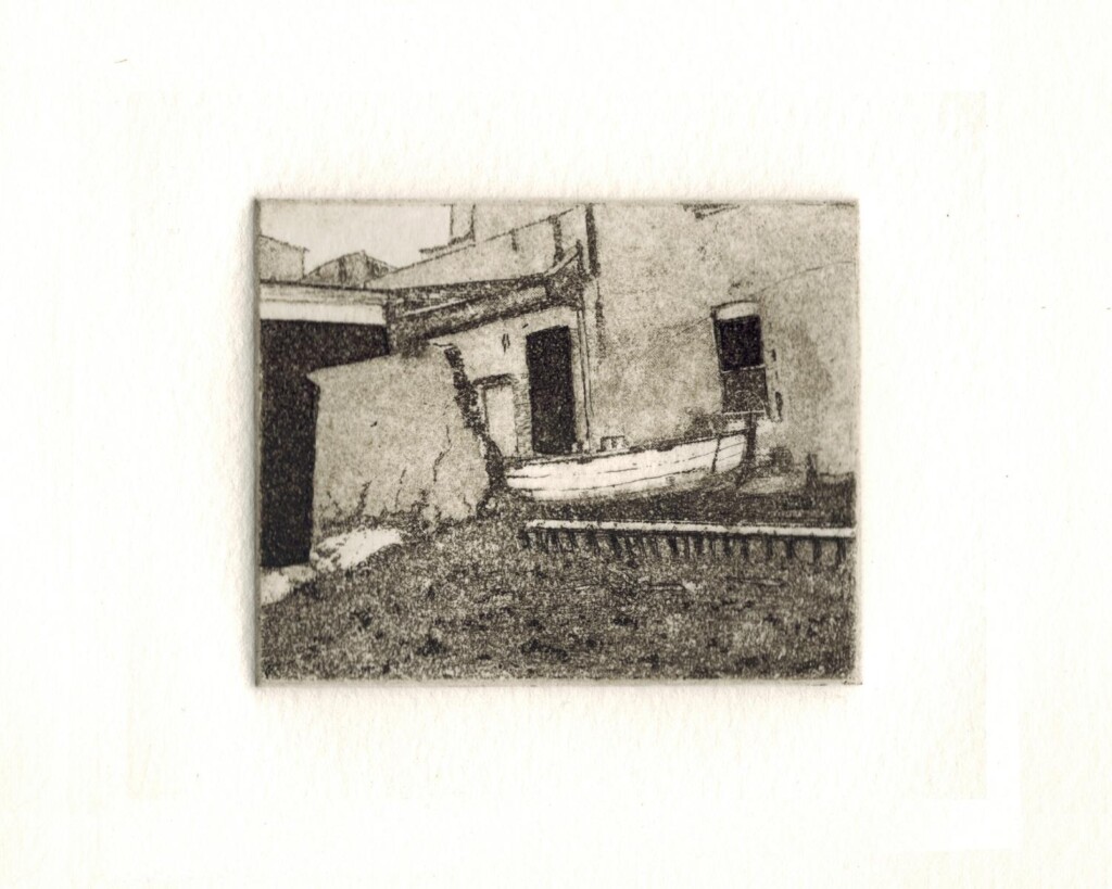 an etching of a boat next to an old building