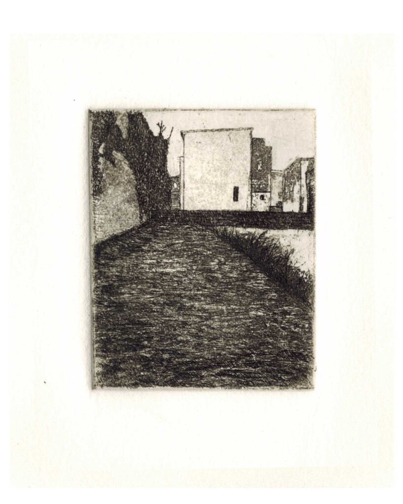 an etching of an empty lot with a building behind