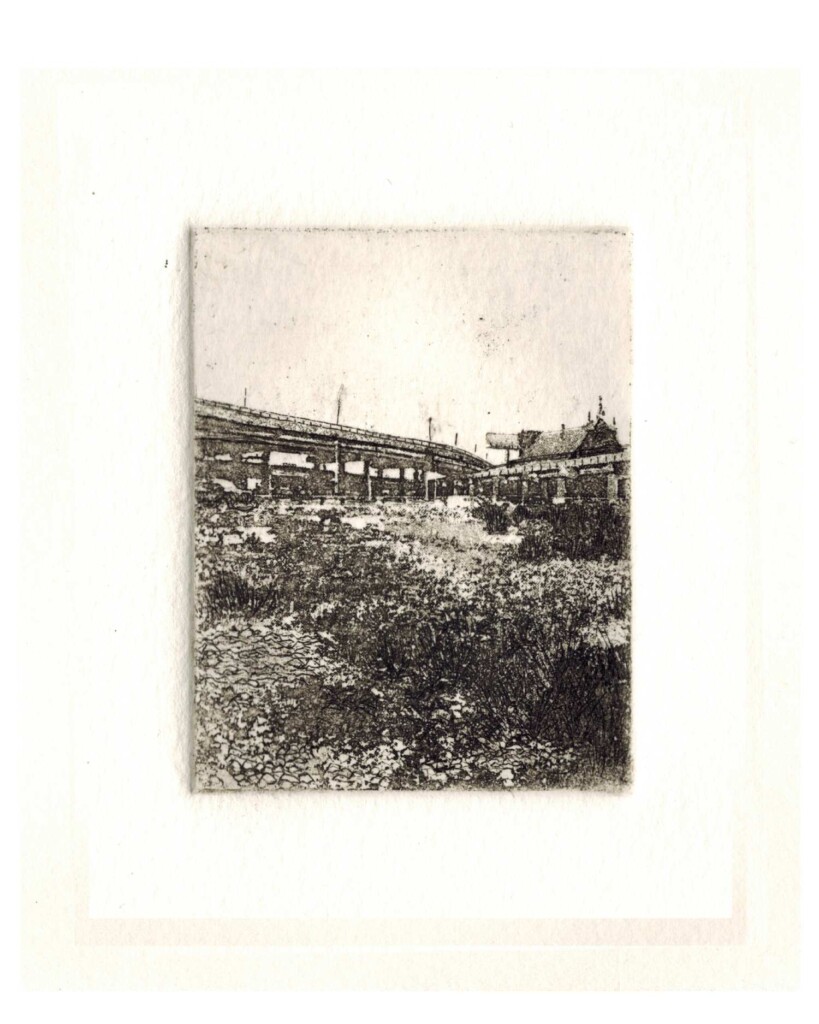 an etching of a landscape with a highway overpass in the background