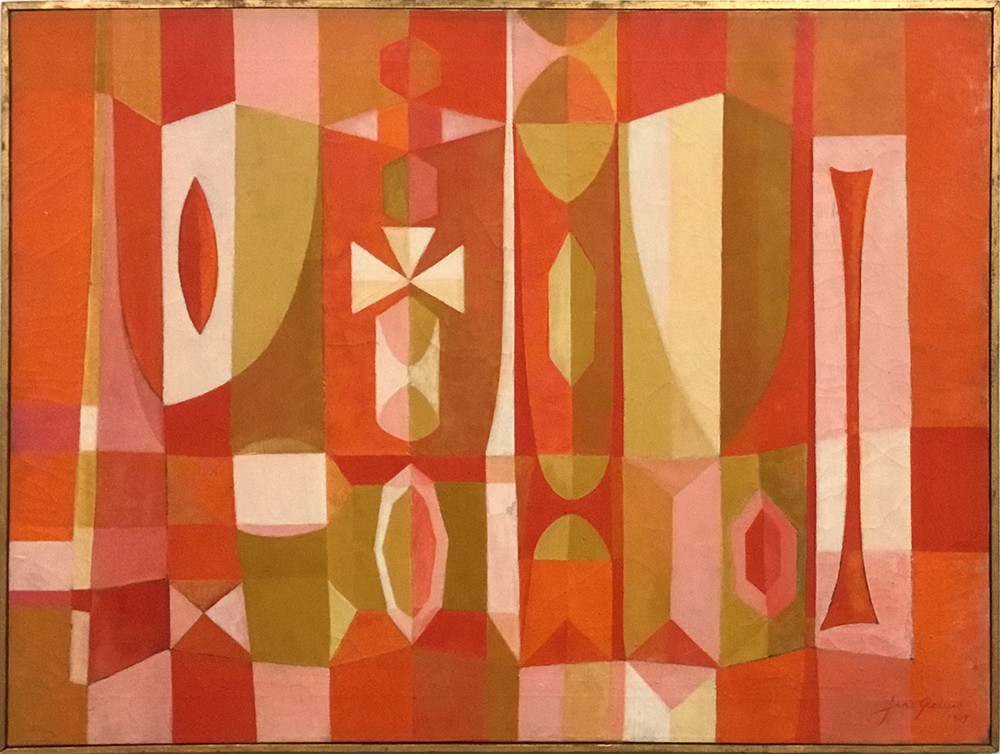 An abstract painting of geometric shapes in primarily red, orange, pink, and beige.