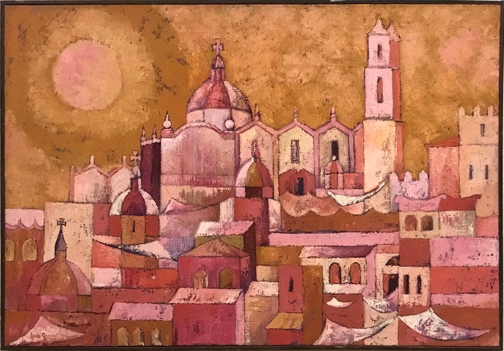 A painting of a city skyline in a pink monochrome with beige accents.