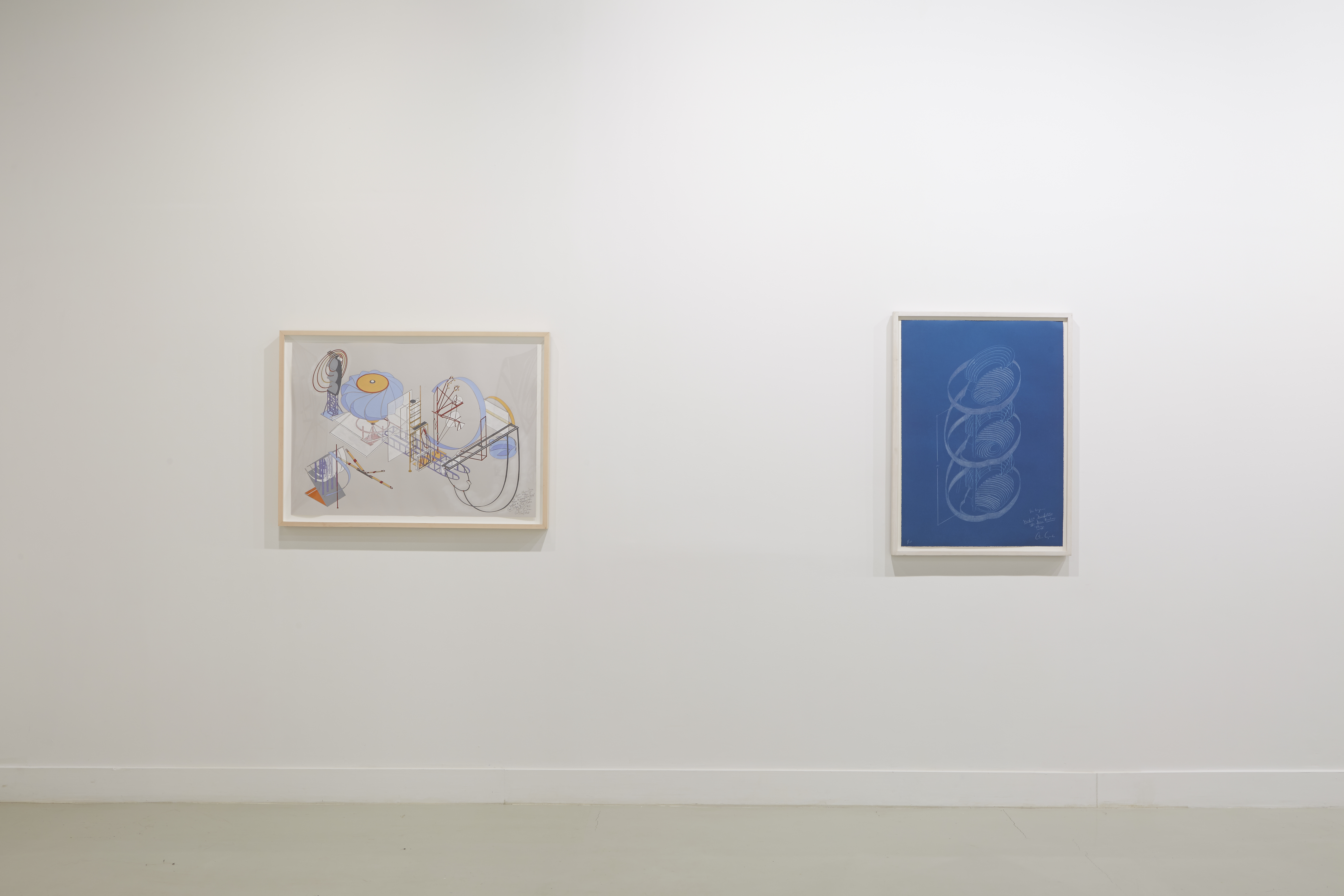 Installation view from "Coordinates: Drawings and Prints Marking Five Exhibitions at Beaver College (1977-84)" with two panels displaying blue-print related patterns.