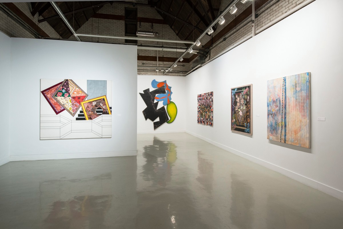 Installation view from "Threading the Maze" featuring 5 large-scale paintings.