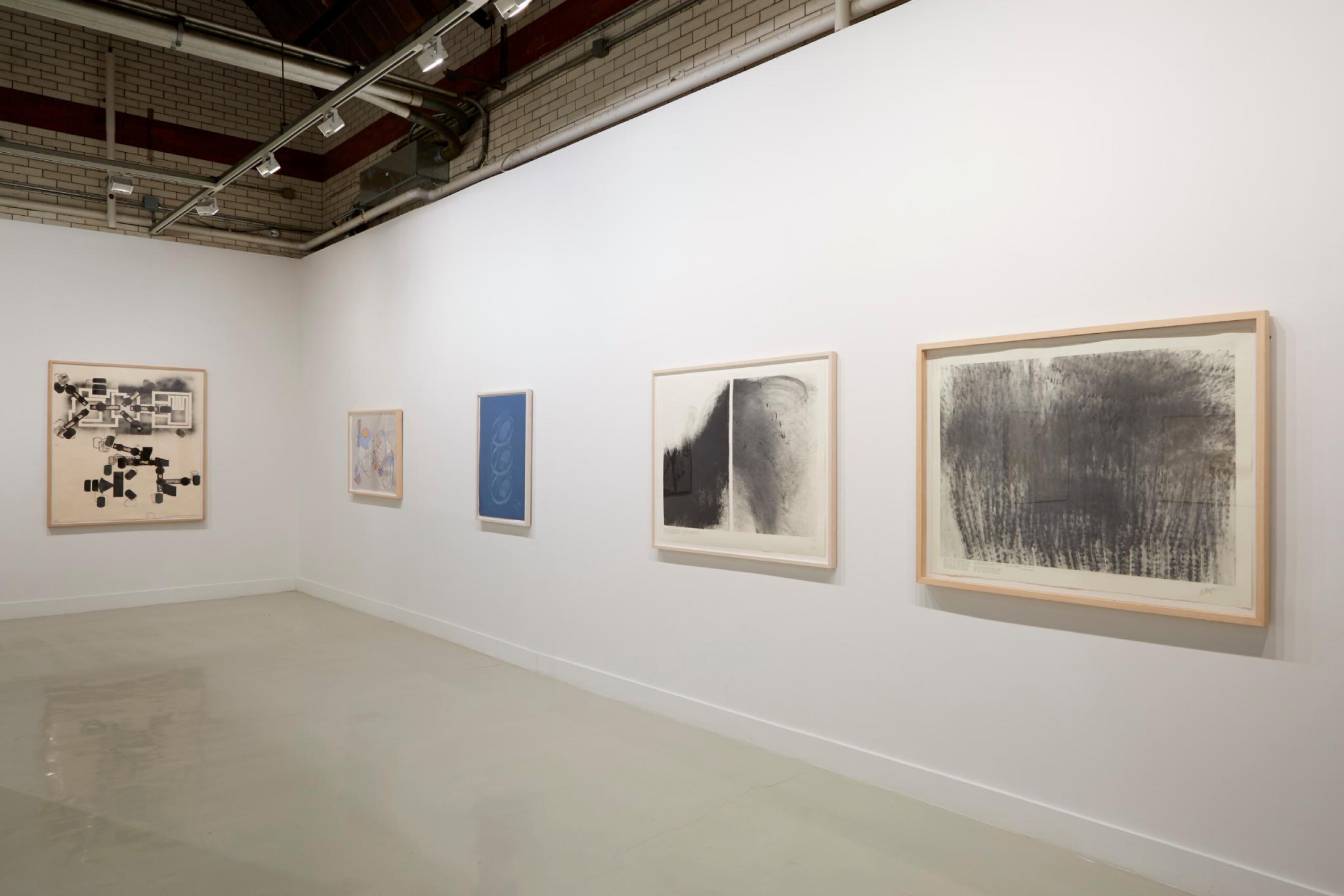 Installation view from "Coordinates: Drawings and Prints Marking Five Exhibitions at Beaver College (1977-84)" with 5 canvases with abstract monochrome pieces.