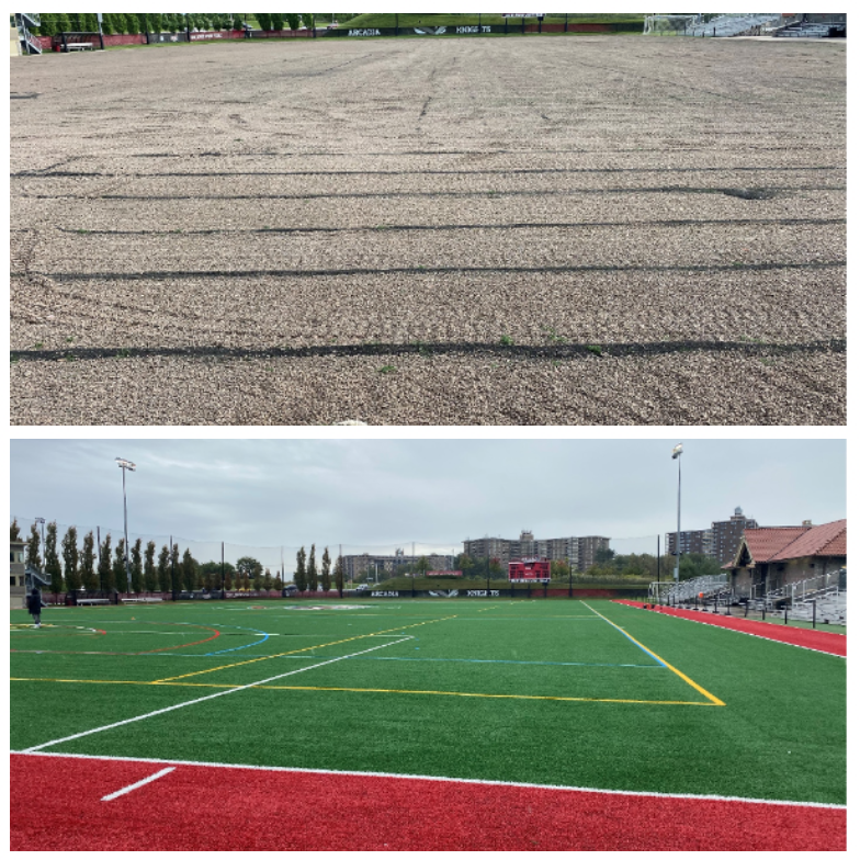A before and after look of the new turf field at Joan Lenox West Field.