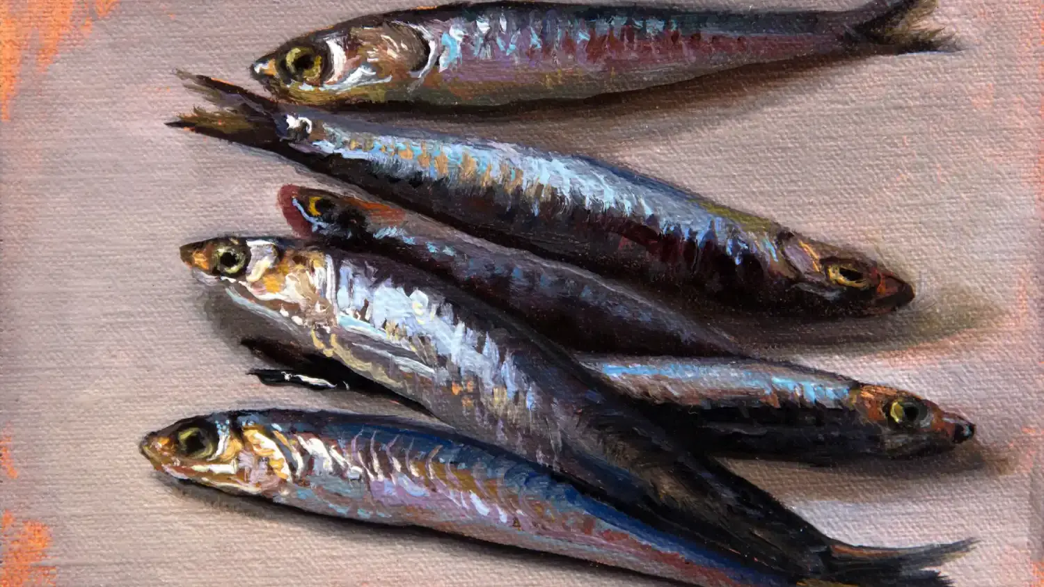 a painting of six anchovies in a group