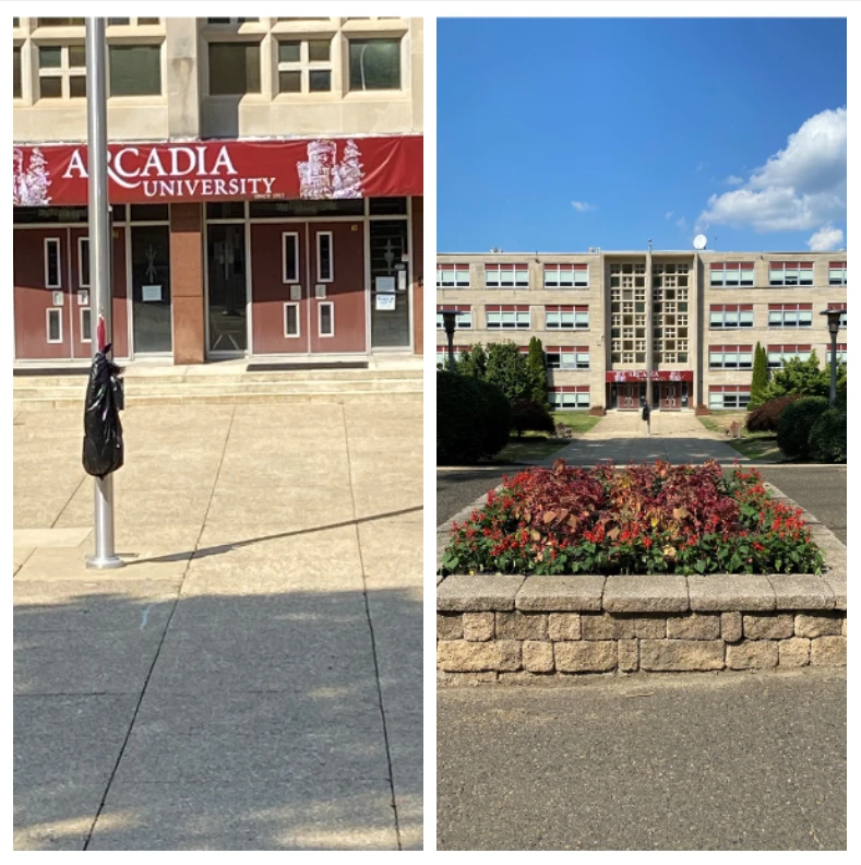 A look at the exterior of the Royal Avenue Building. Includes a red Arcadia banner over the front door and red shades. 