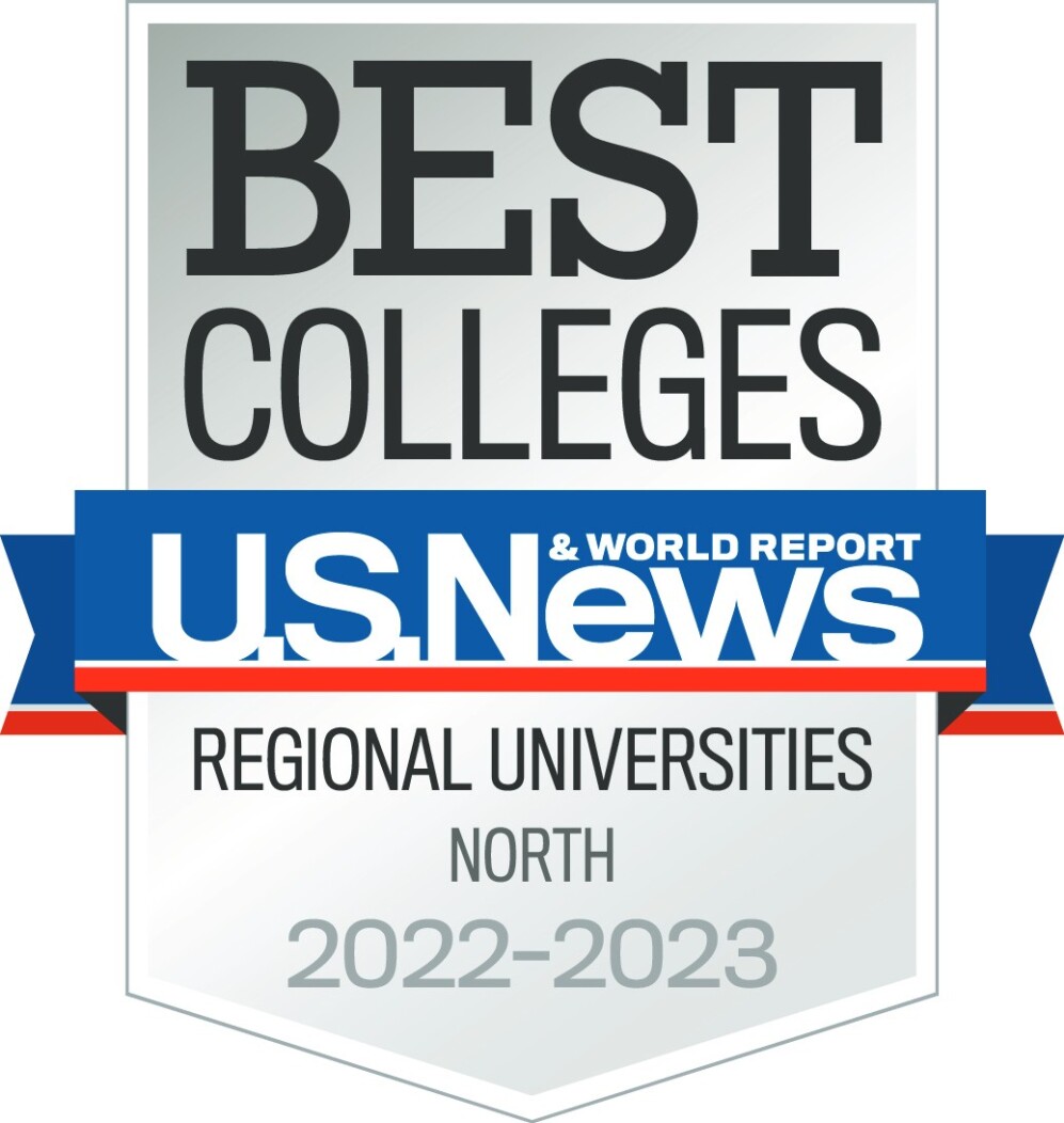 The badge and blue and red ribbon logo for Best Colleges, U.S. News & World Report, Regional Universities North, 2022.