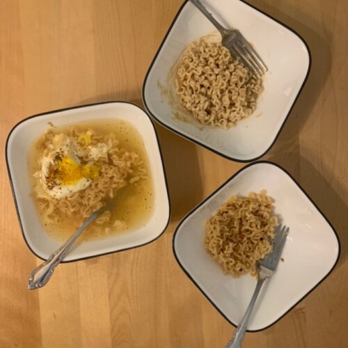 three bowls of ramen noodles