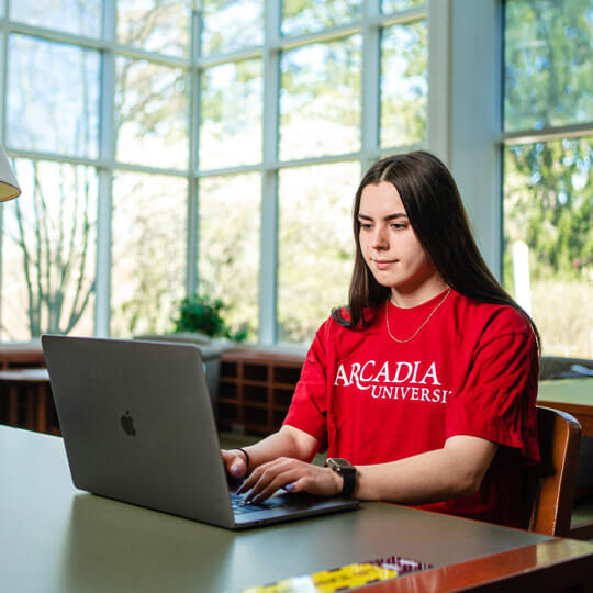 A student in a red Arcadia shirt working at her laptop, while sitting at a table surrounded by windows