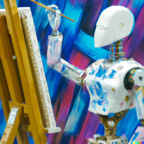 A humanoid robot creating an oil paint masterpiece on an easel