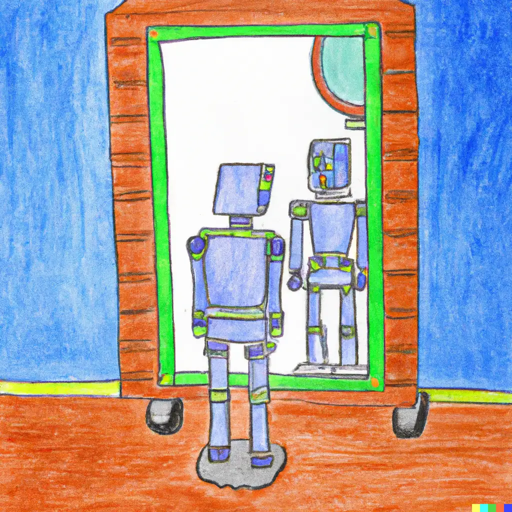 A bright colored pencil drawing of a robot looking at itself in the mirror