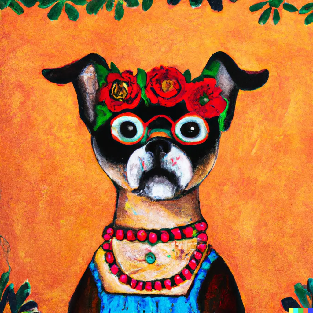 A painting of a dog in the style of Frida Kahlo