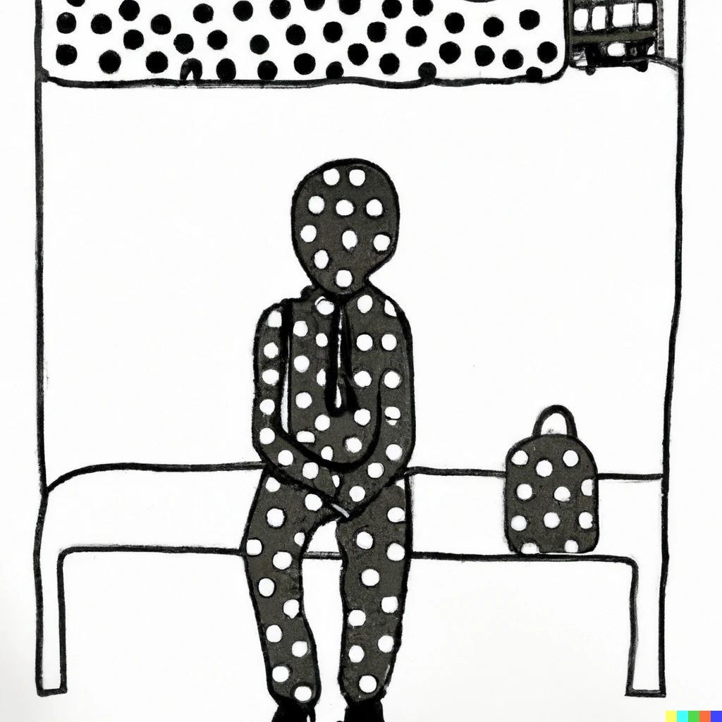 A man waiting for a bus in the style of Yayoi Kusama