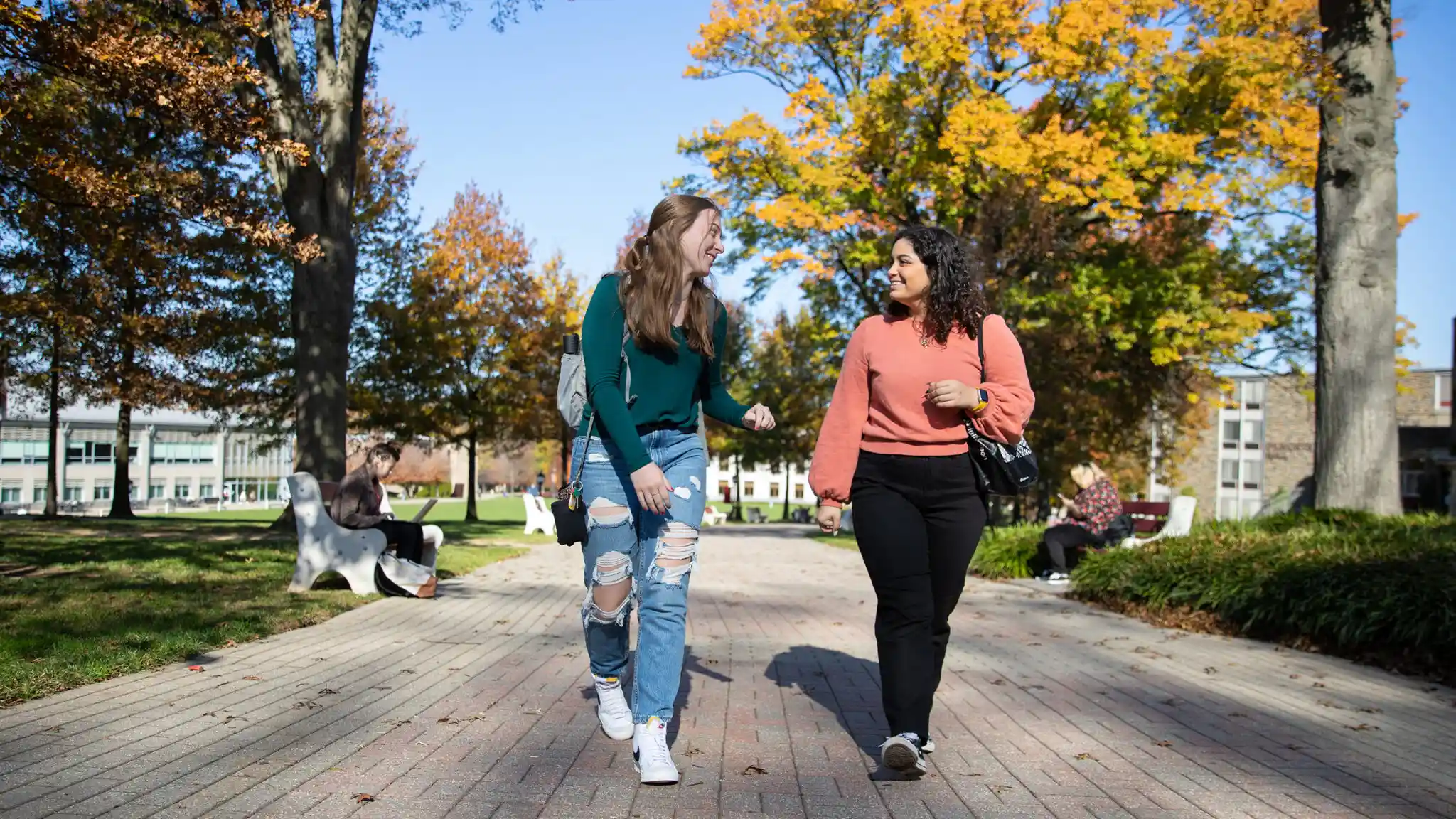 Two students go for a walk in the fall at school.