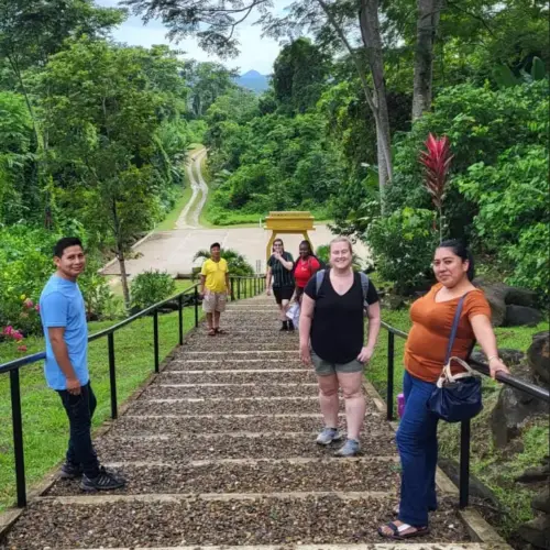 Walking back down the steps of Nim Li Punit after a day learning about ancient Mayan culture