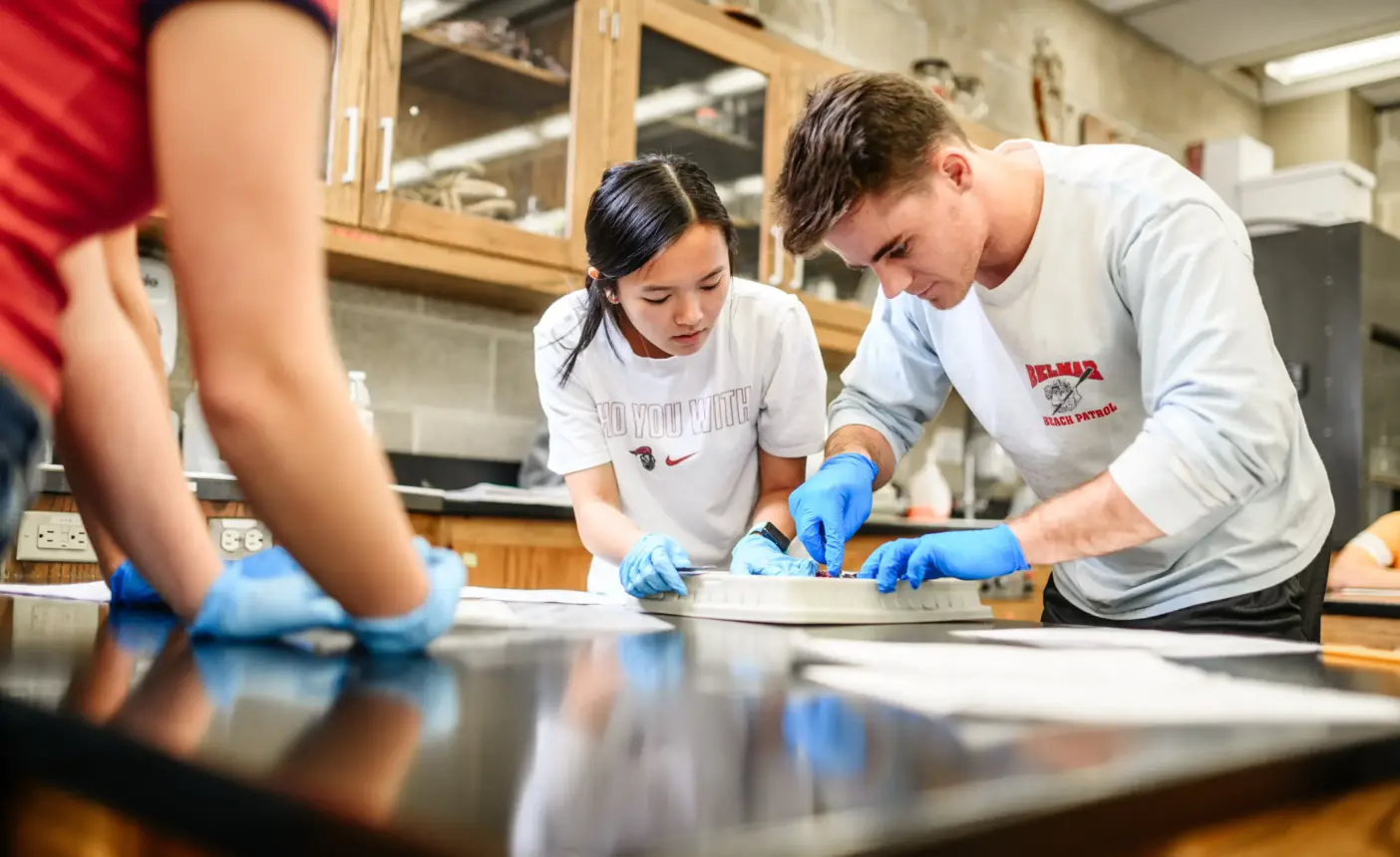 Three Arcadia students work on a science project in a lab.