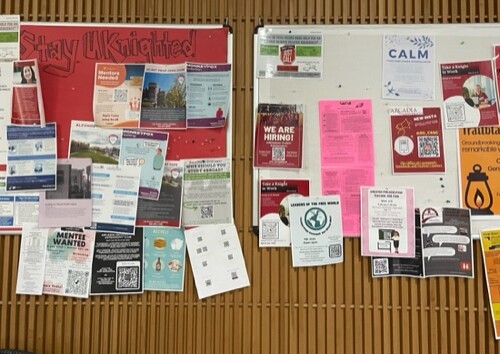 a full bulletin board on Arcadia's campus