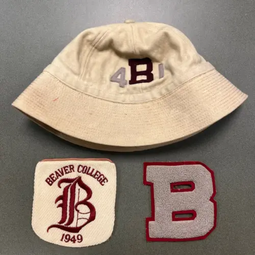 Beaver College 1941 bucket hat and two iron-on patches.