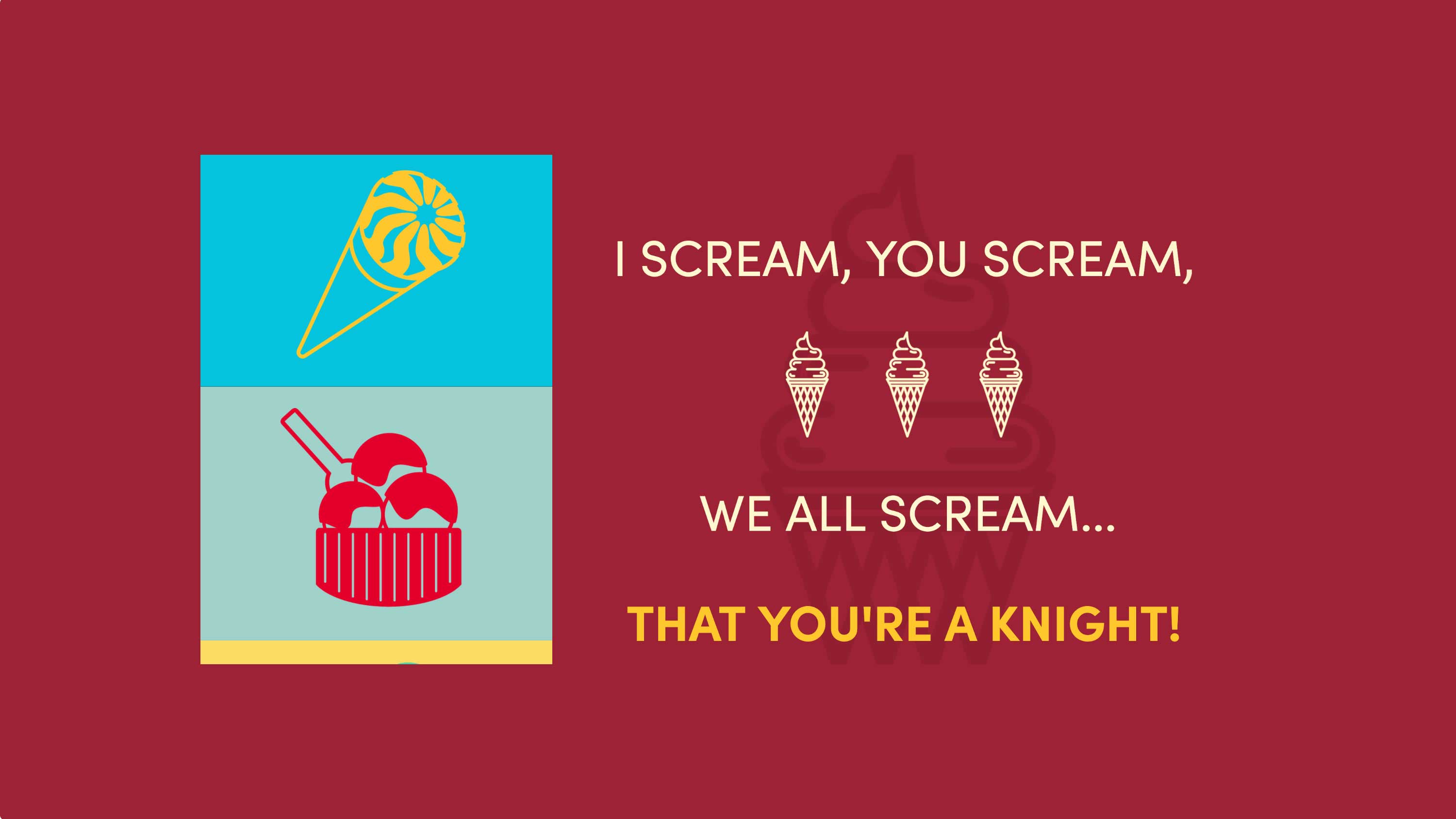 An ice cream cone and dish of ice cream are on the I scream you scream we all scream event logo.