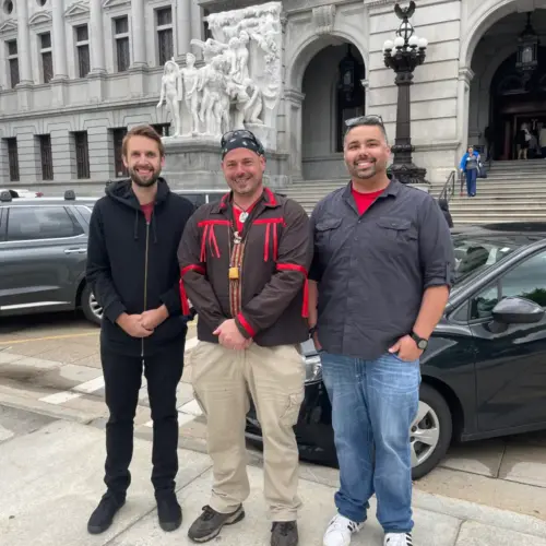 Kevin Revier and Favian Martin with members of the Lenape Tribe in Harrisburg