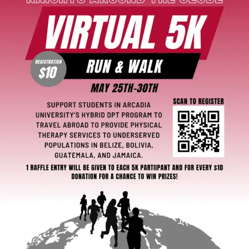 A flyer for the Hybrid DPT program's Knights Around the Globe Virtual 5K happening May 25-30, 2023